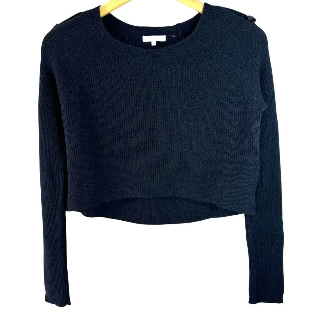 Minnie Rose Black Cashmere Cropped Rib Knit Sweater Epaulet Shoulder XS
